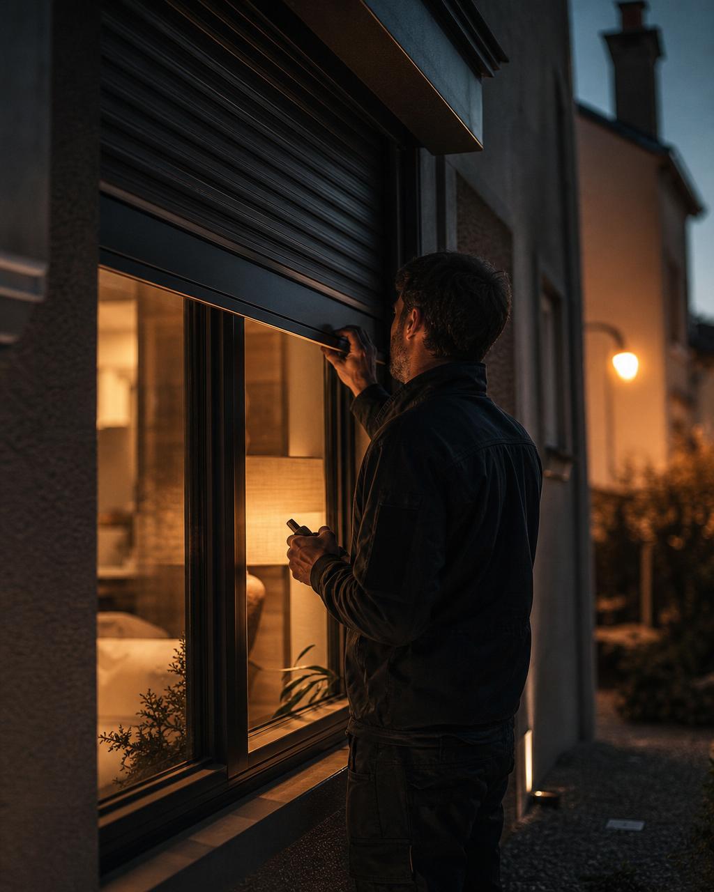 Technicien inspectant un volet roulant en soirée sur une maison contemporaine